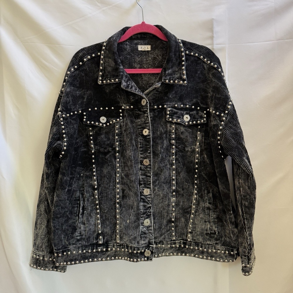 POL Women's M Studded Western Black Corduroy Jacket Shacket Button Front